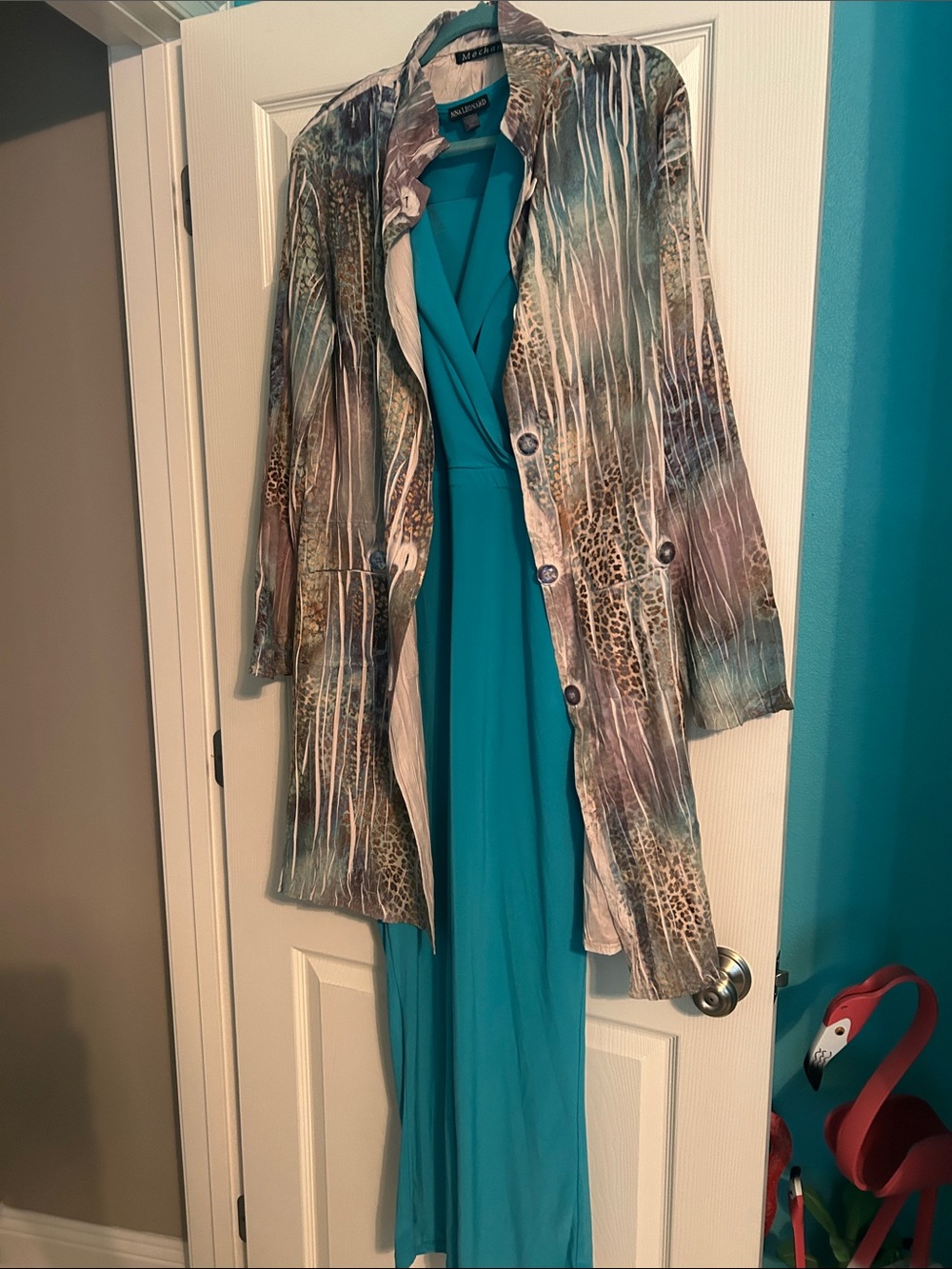 Nina Leonard Teal Jumpsuit with Multicolor Printed Jacket